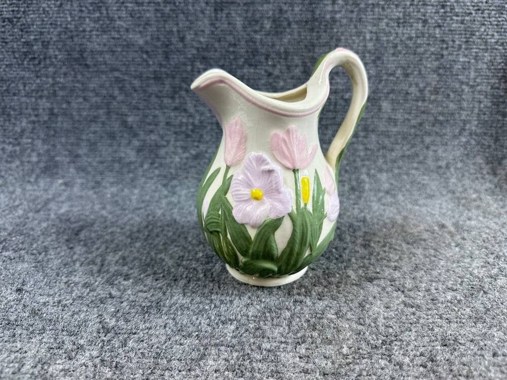 Vintage B Spencer Pottery Floral Pitcher Hand Painted Ceramic Jug
